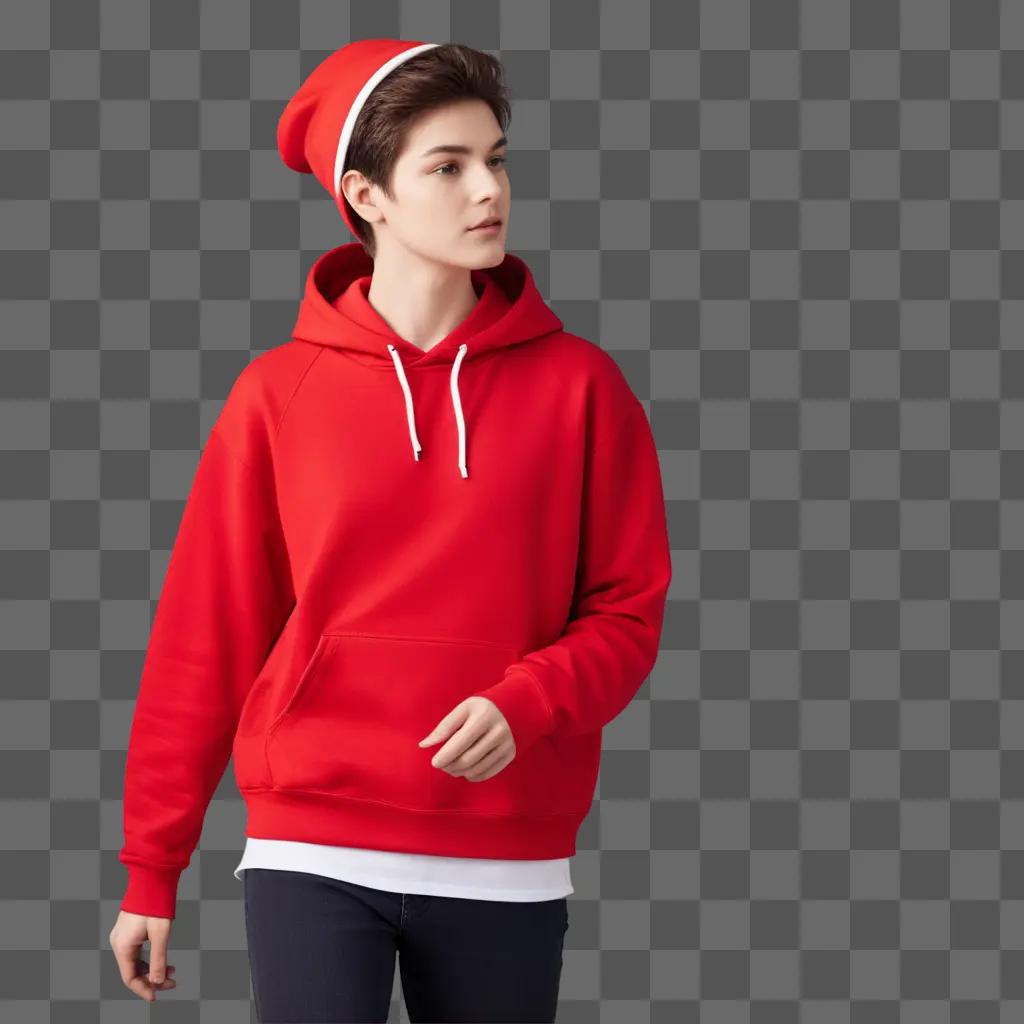 Young man in red hoodie posing against a red background