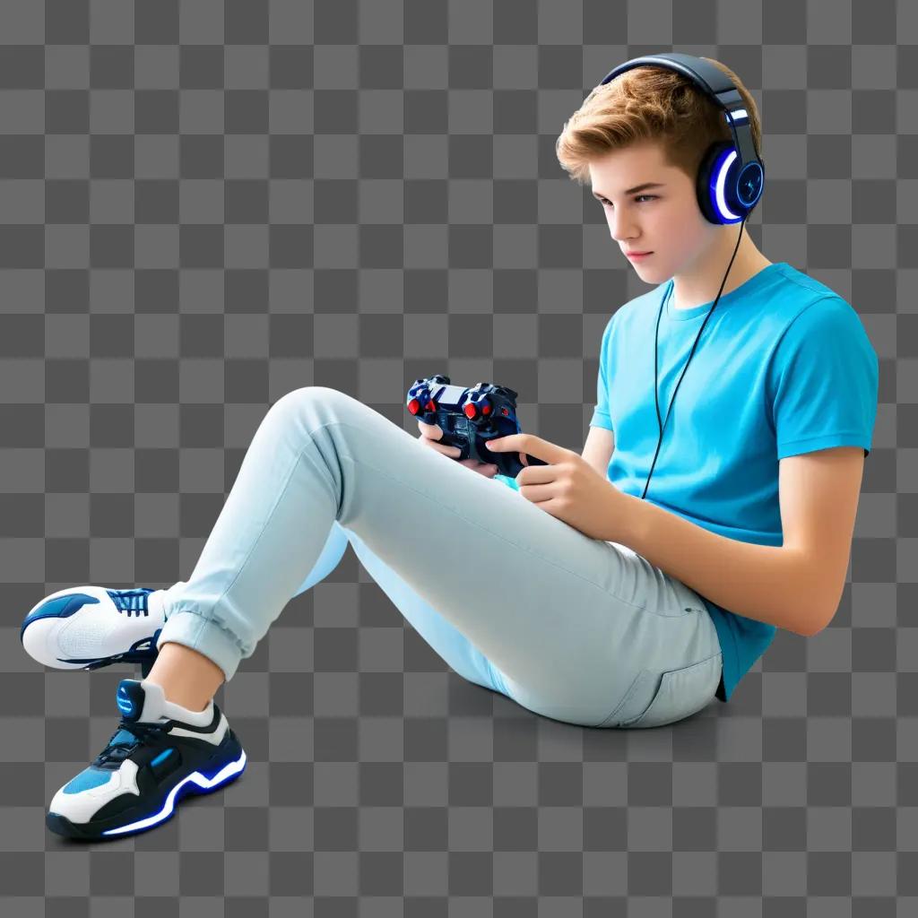 Young man playing video games on a grey background