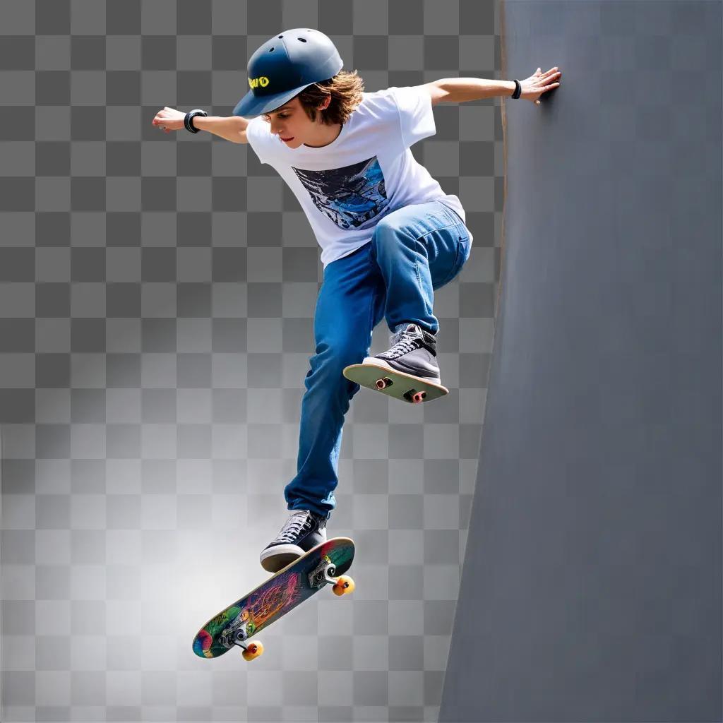 Young skateboarder performs a trick in midair