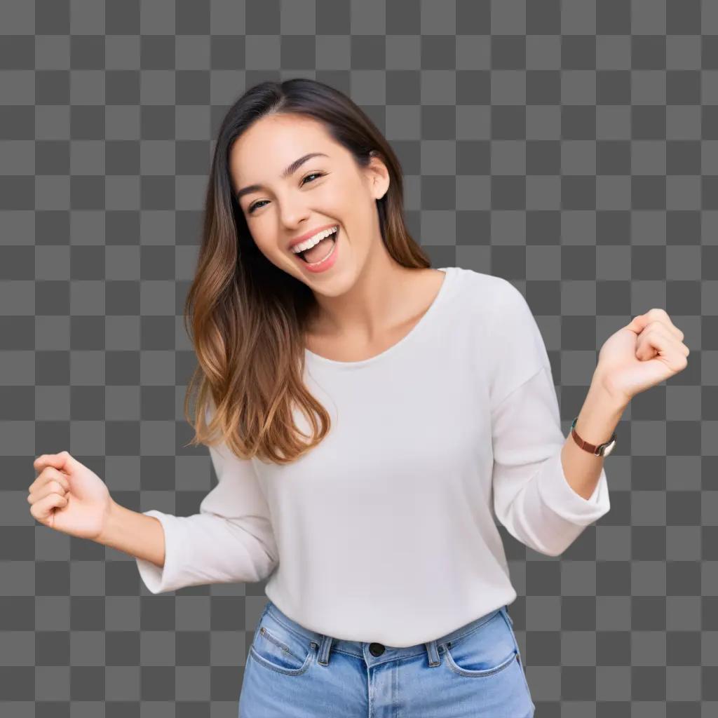 Young woman with excited expression in white shirt and blue jeans