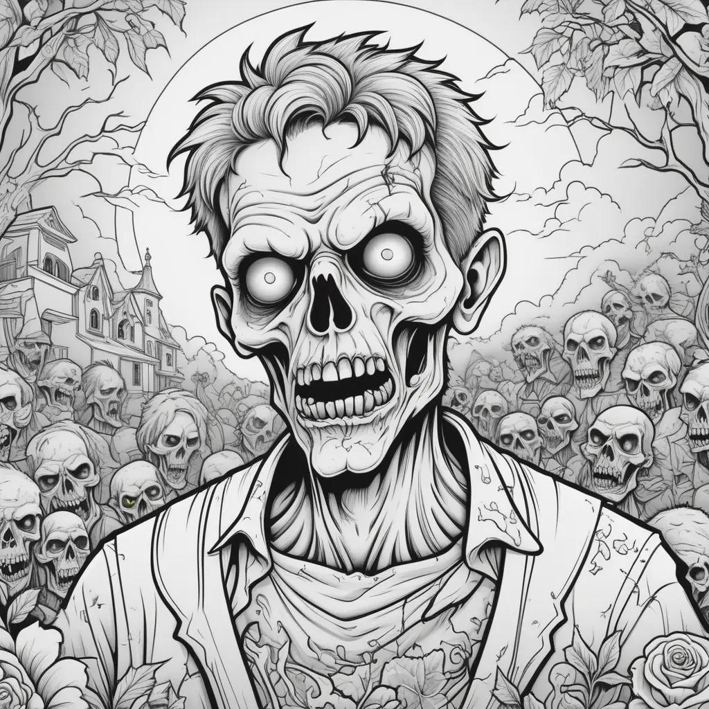 Zombie coloring pages with a scary face and a house