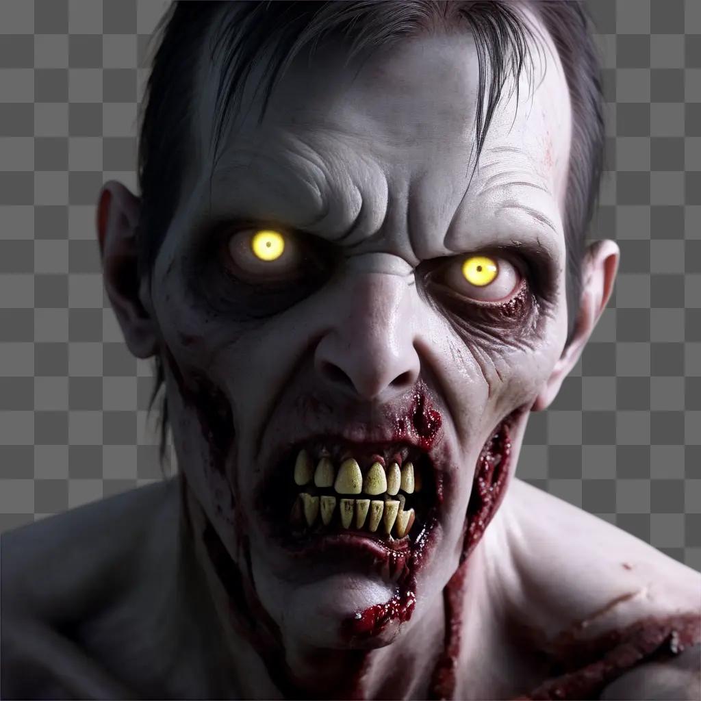 Zombie face with glowing eyes and a bloody mouth