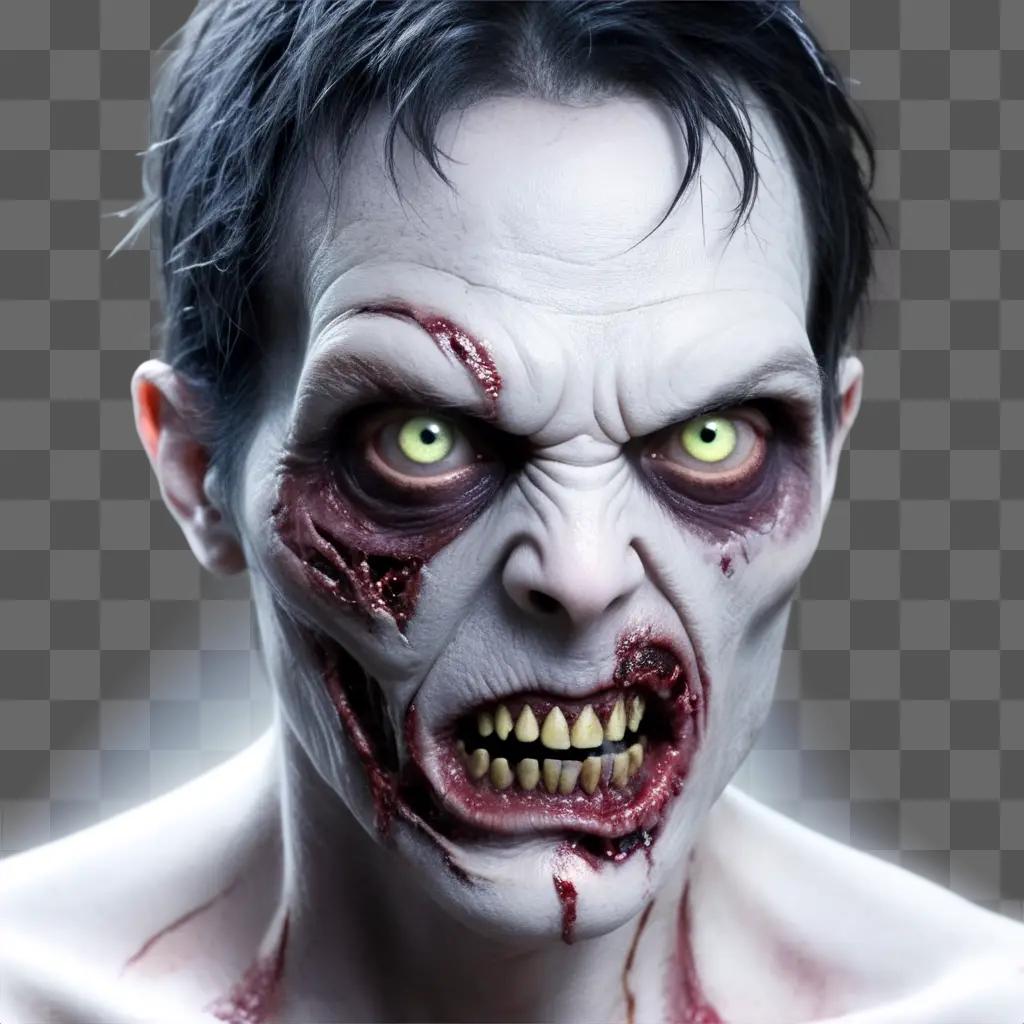 Zombie face with glowing eyes and red teeth