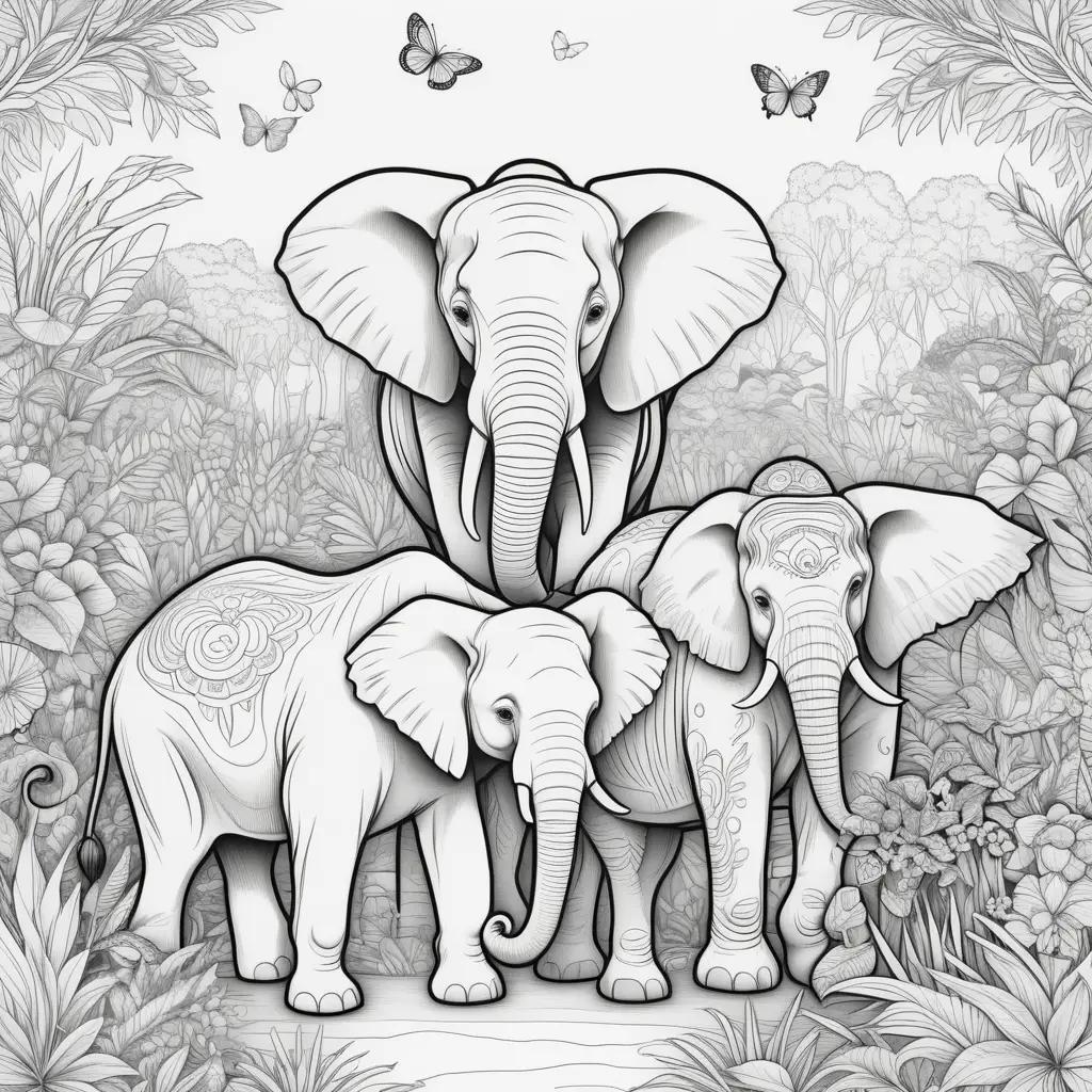 Zoo animal coloring pages with elephants and butterflies