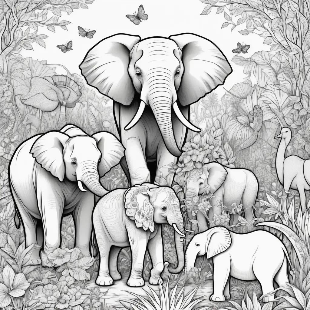 Zoo coloring pages featuring elephants and birds