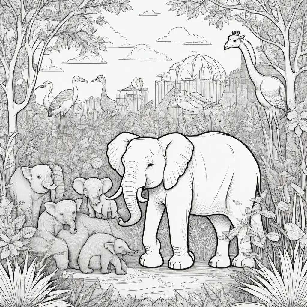 Zoo coloring pages with baby elephant and giraffe