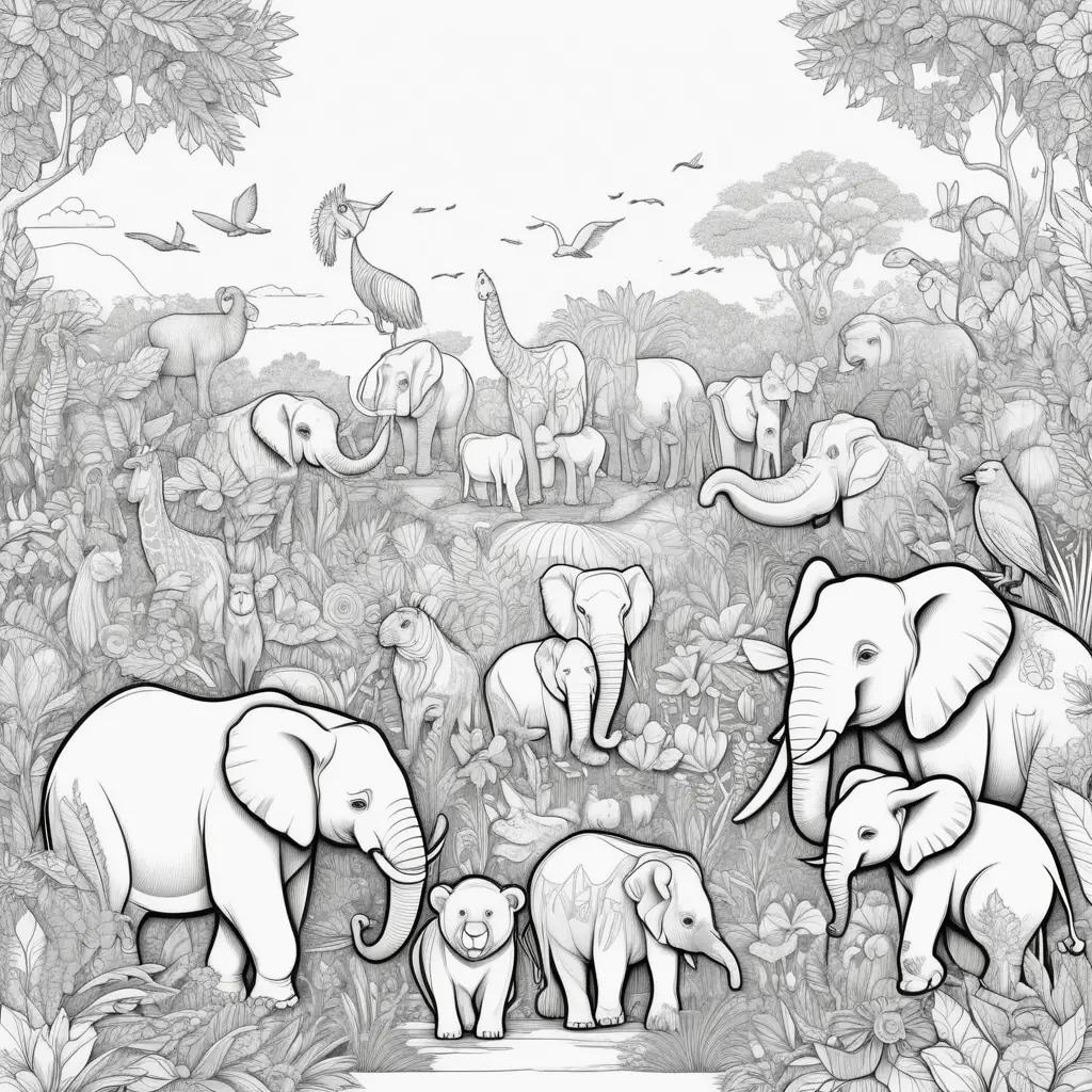 Zoo coloring pages with elephants, birds and giraffes