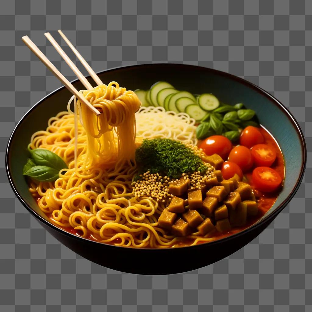 a bowl with noodles and vegetables on a table