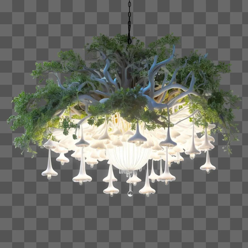 a chandelier with many white lights and plants