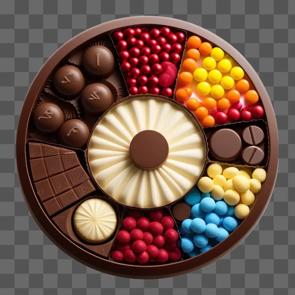 a chocolate filled round tray with different types of candy