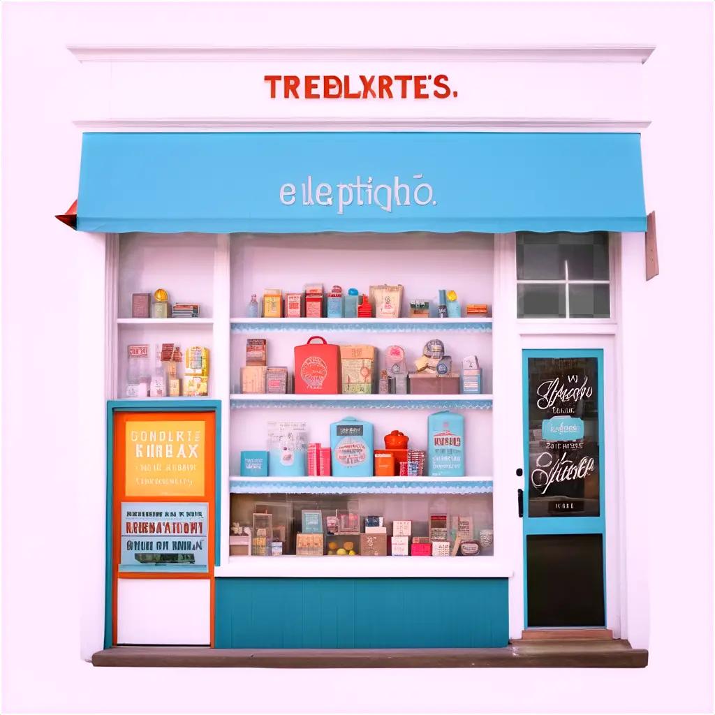 a colorful storefront with a blue awning