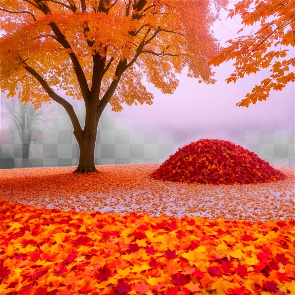 a leaf pile in front of a tree