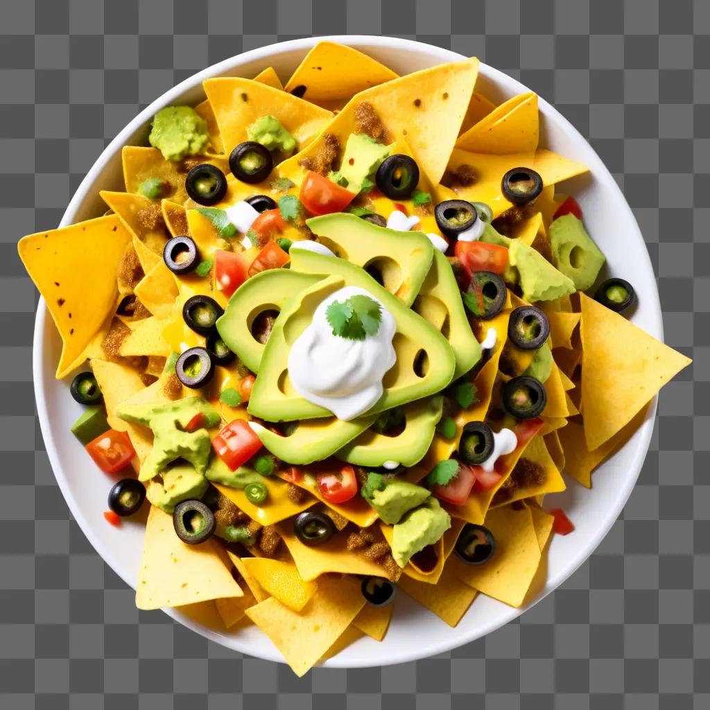 a plate of nachos topped with avocados, tomatoes, and sour cream