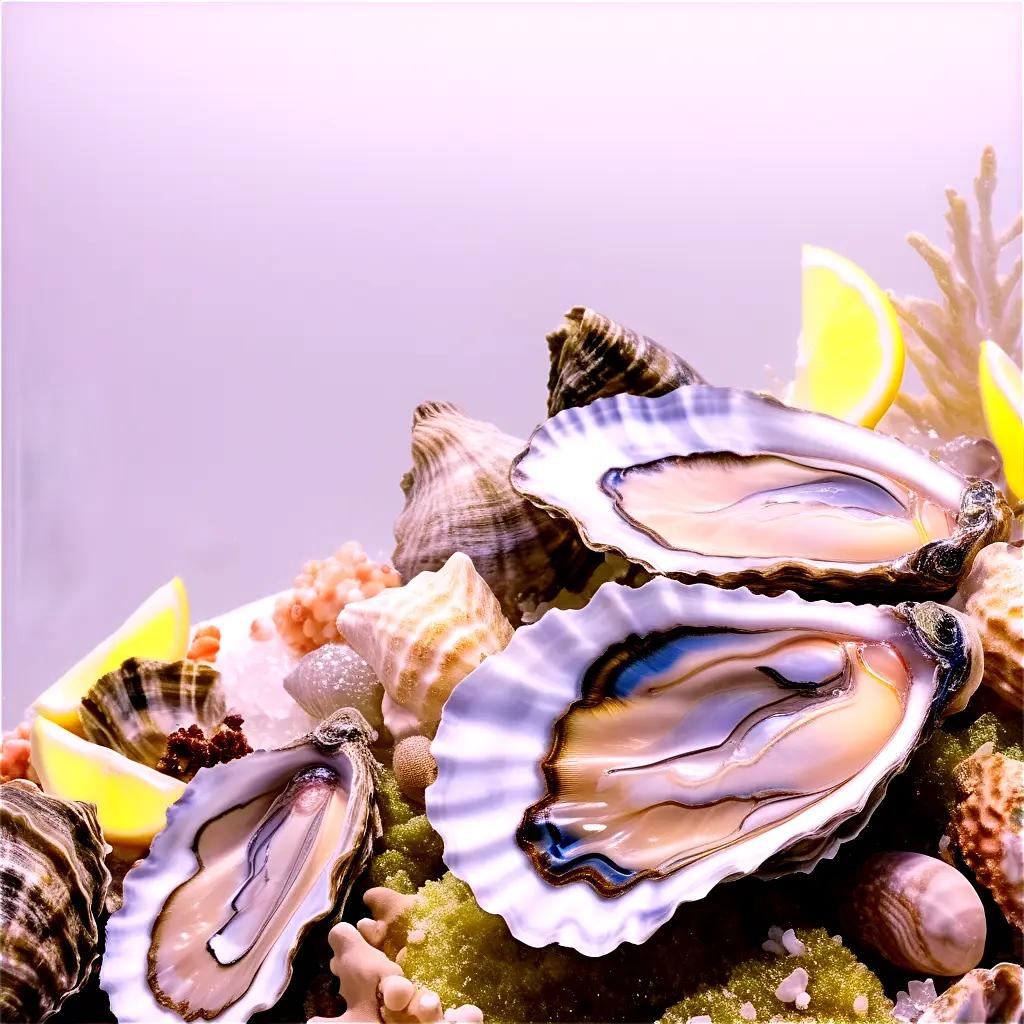 a plate of oysters with lemon and corals