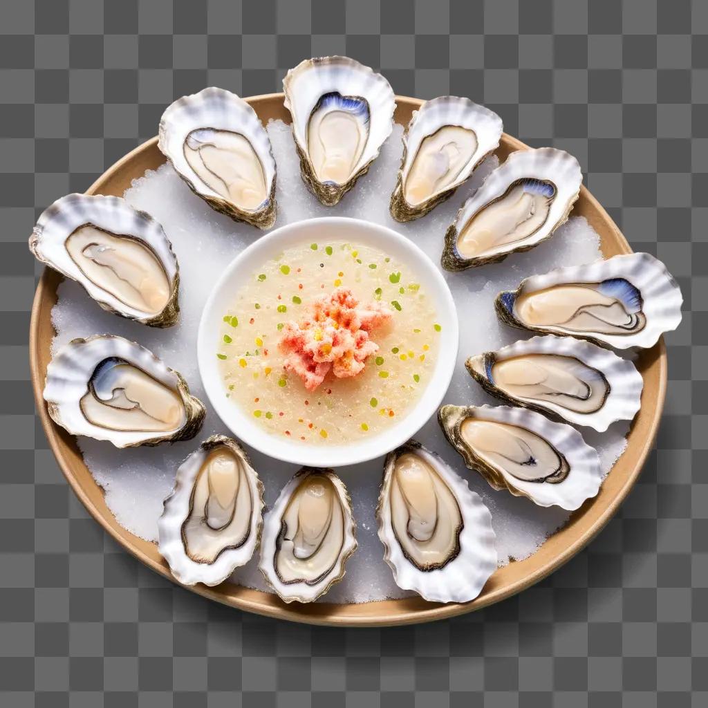 a plate with oysters and a bowl of sauce