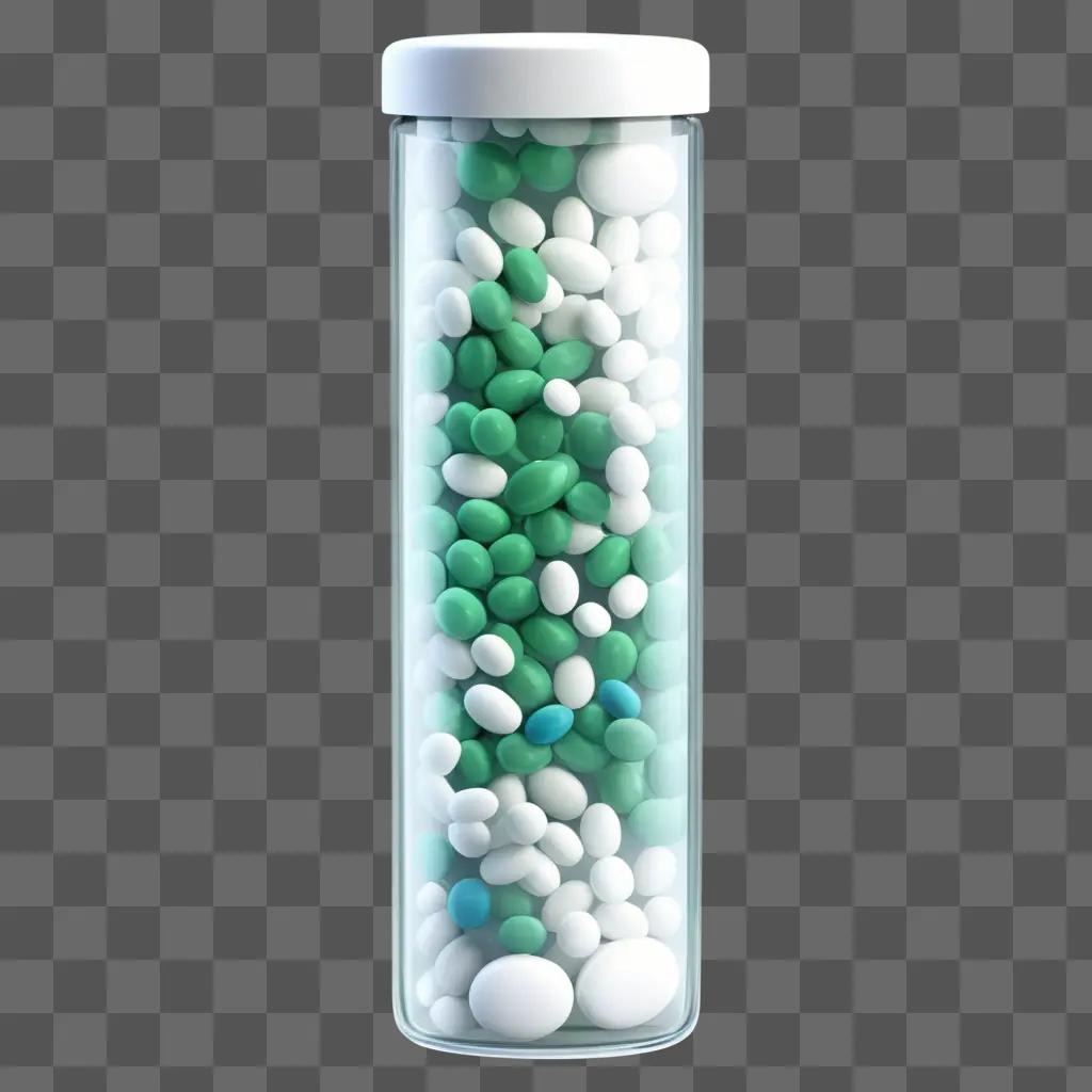 a transparent tube filled with green and white pills