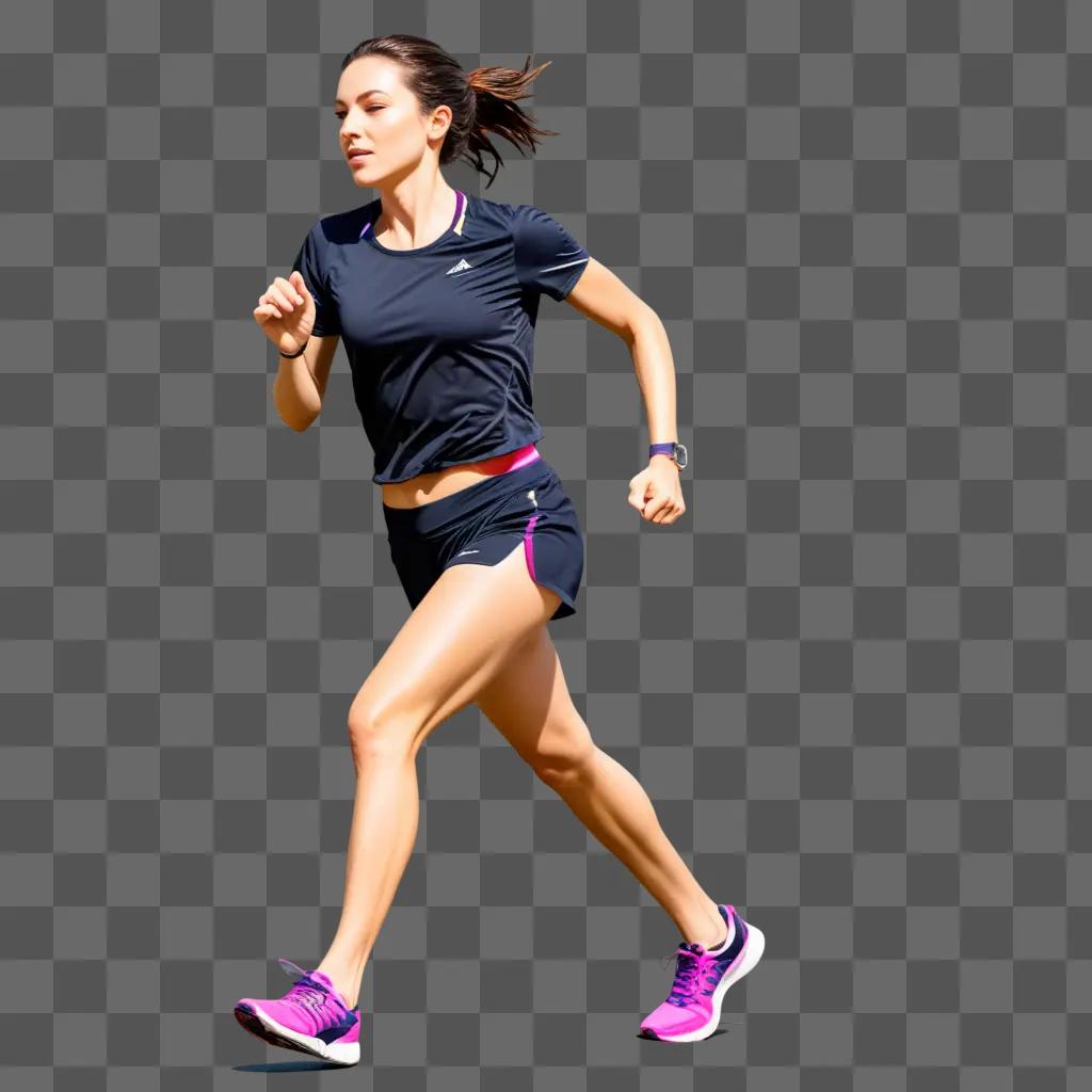 a woman running in a blue top and pink shoes