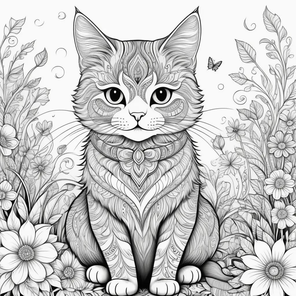 adorable black and white cat color page with flowers