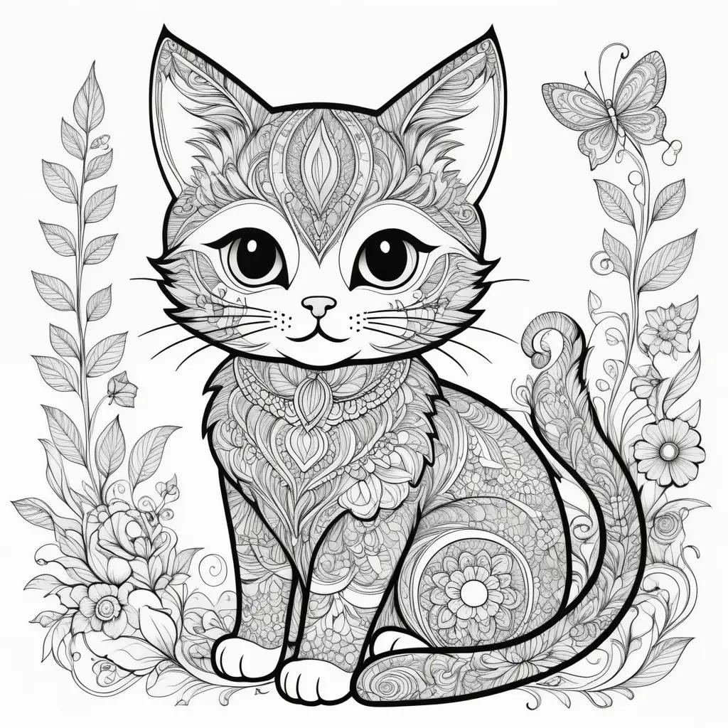 adorable black and white cat color page with flowers and butterflies