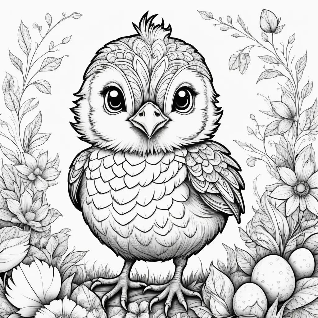 adorable black and white coloring page featuring a colorful chick