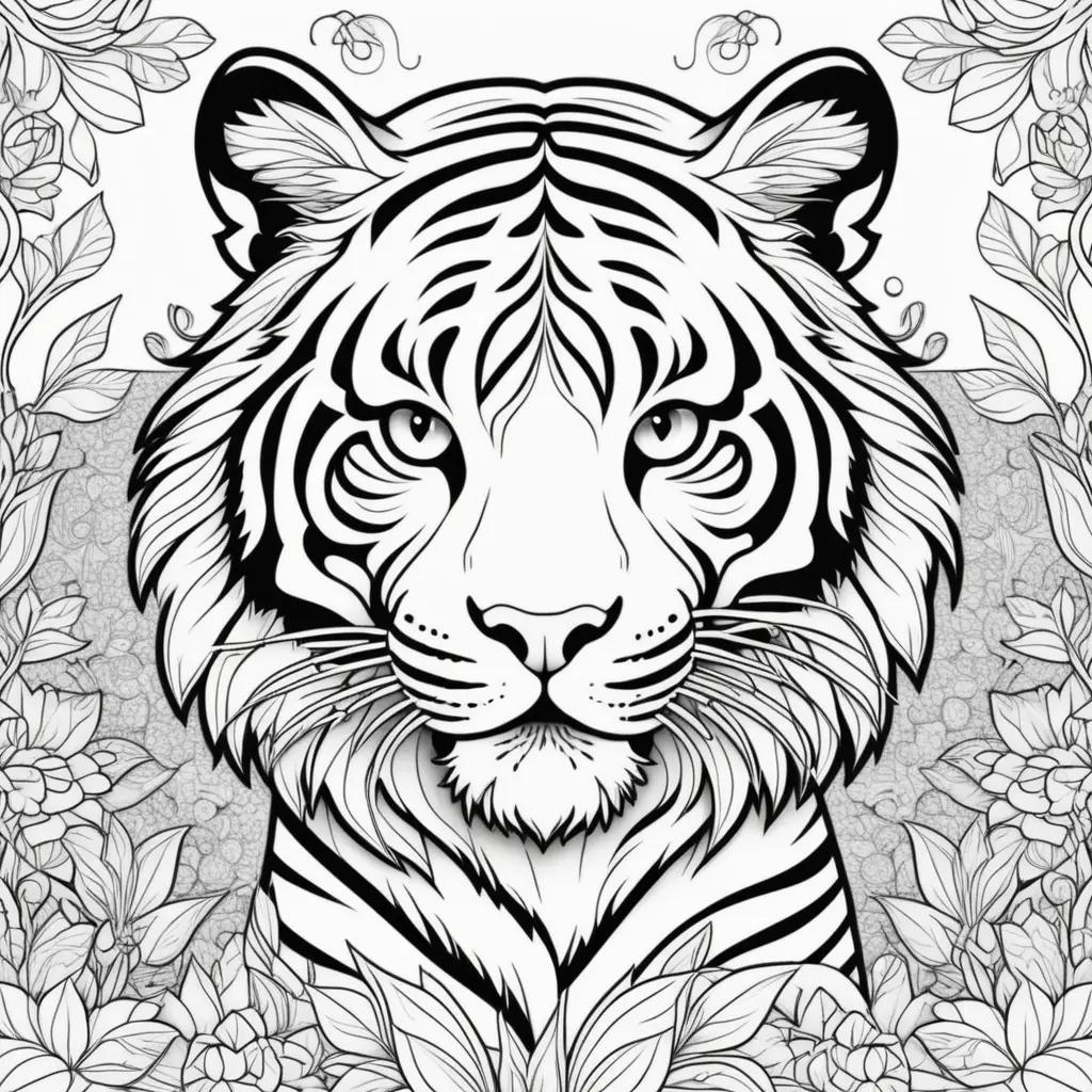 adorable black and white tiger coloring page with flowers