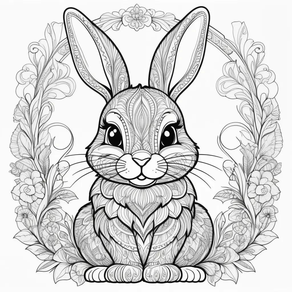愛らしいウサギが花のリースに座って、芸術的なぬりえを描いています
