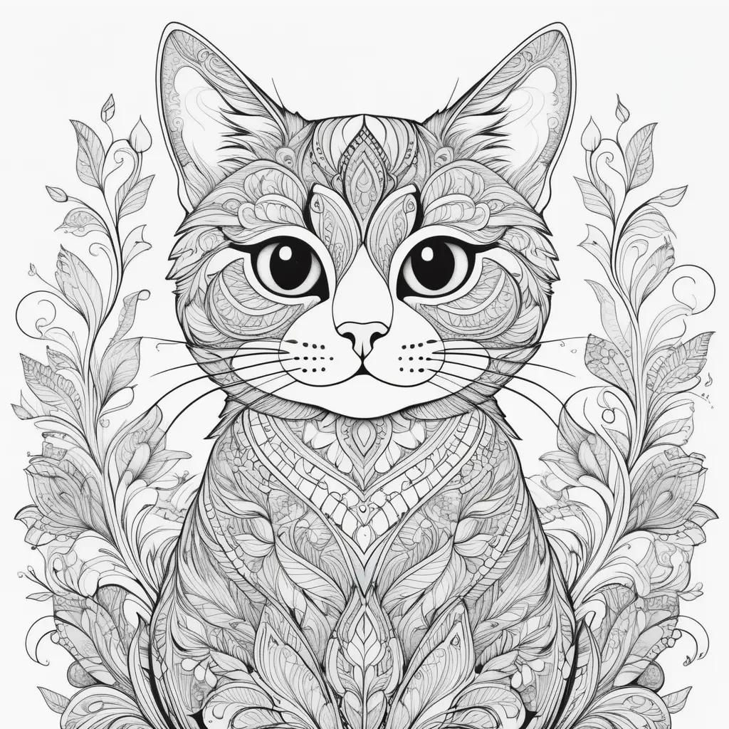 adorable cat color page with a flower pattern around it