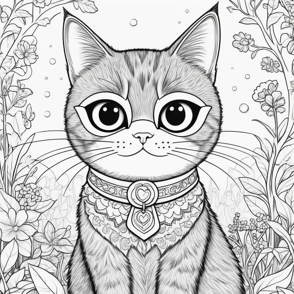 adorable cat coloring page featuring a heart and flowers