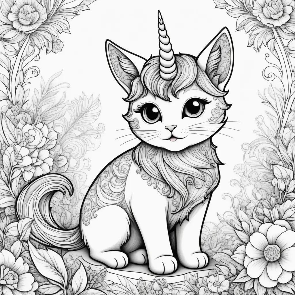 adorable cat with a unicorn horn sits in a flower-filled scene