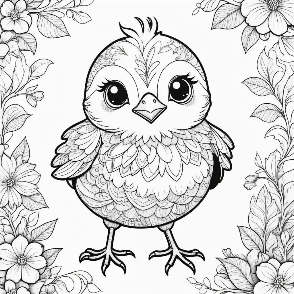 adorable chick coloring page with a border of flowers