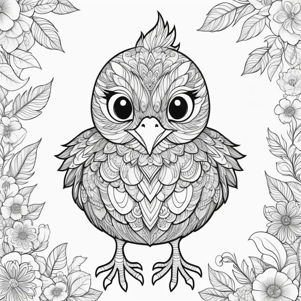 adorable chick in a floral frame on a coloring page