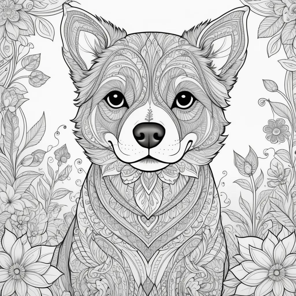 adorable coloring page of a dog surrounded by flowers