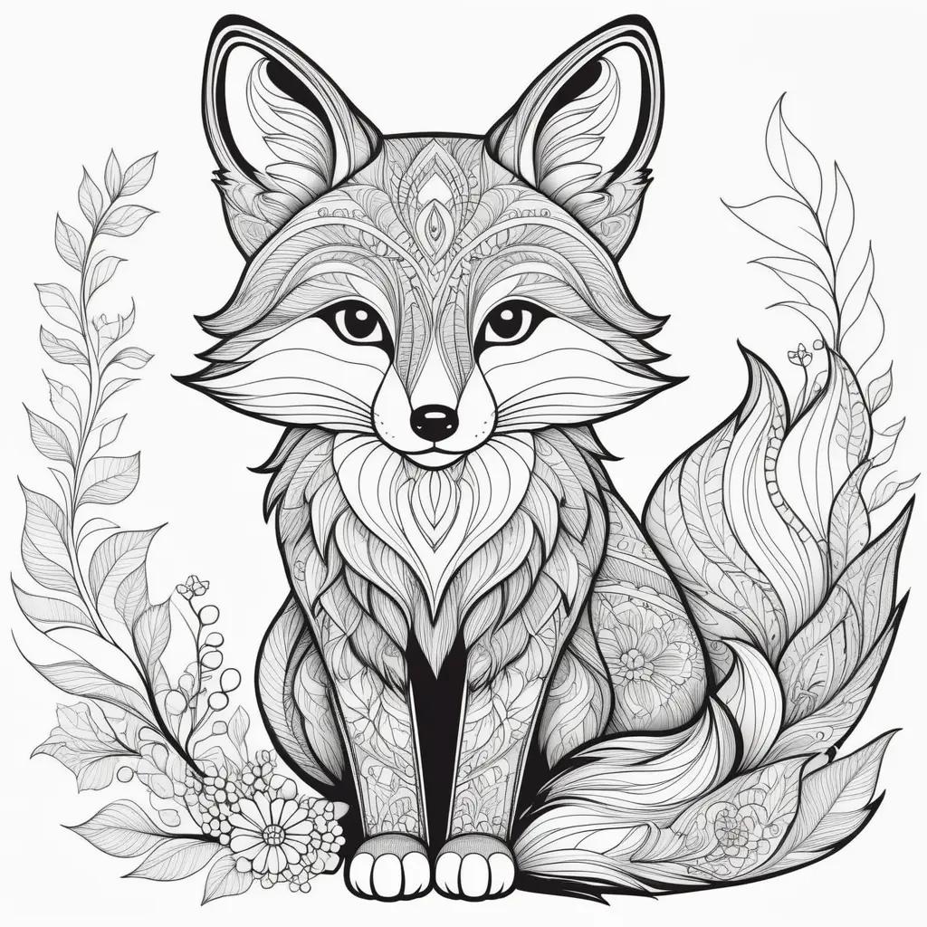 adorable fox coloring page with a floral background