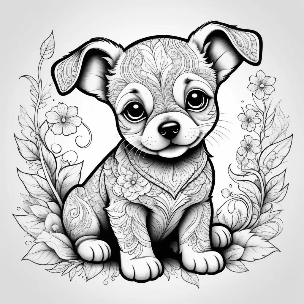 adorable puppy in a floral design coloring page