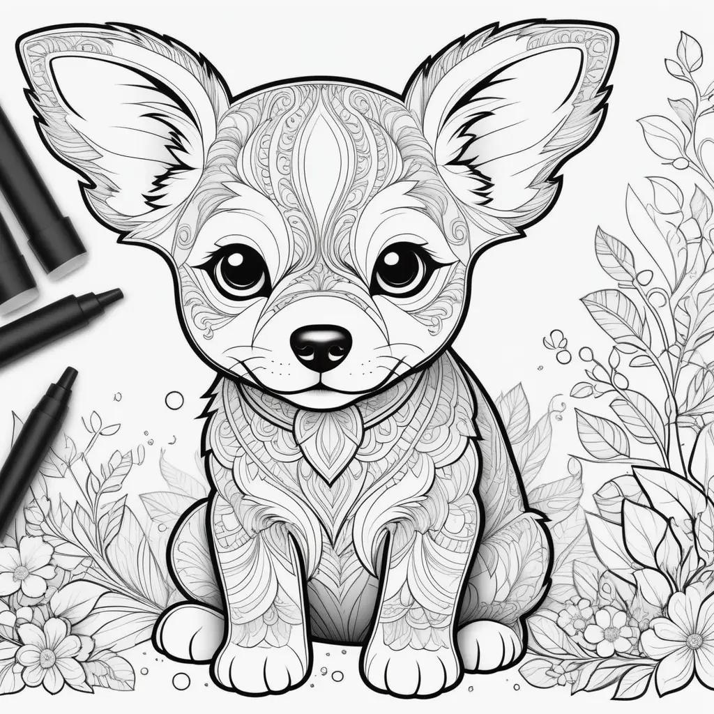 adorable puppy is sitting in a floral background in a coloring page