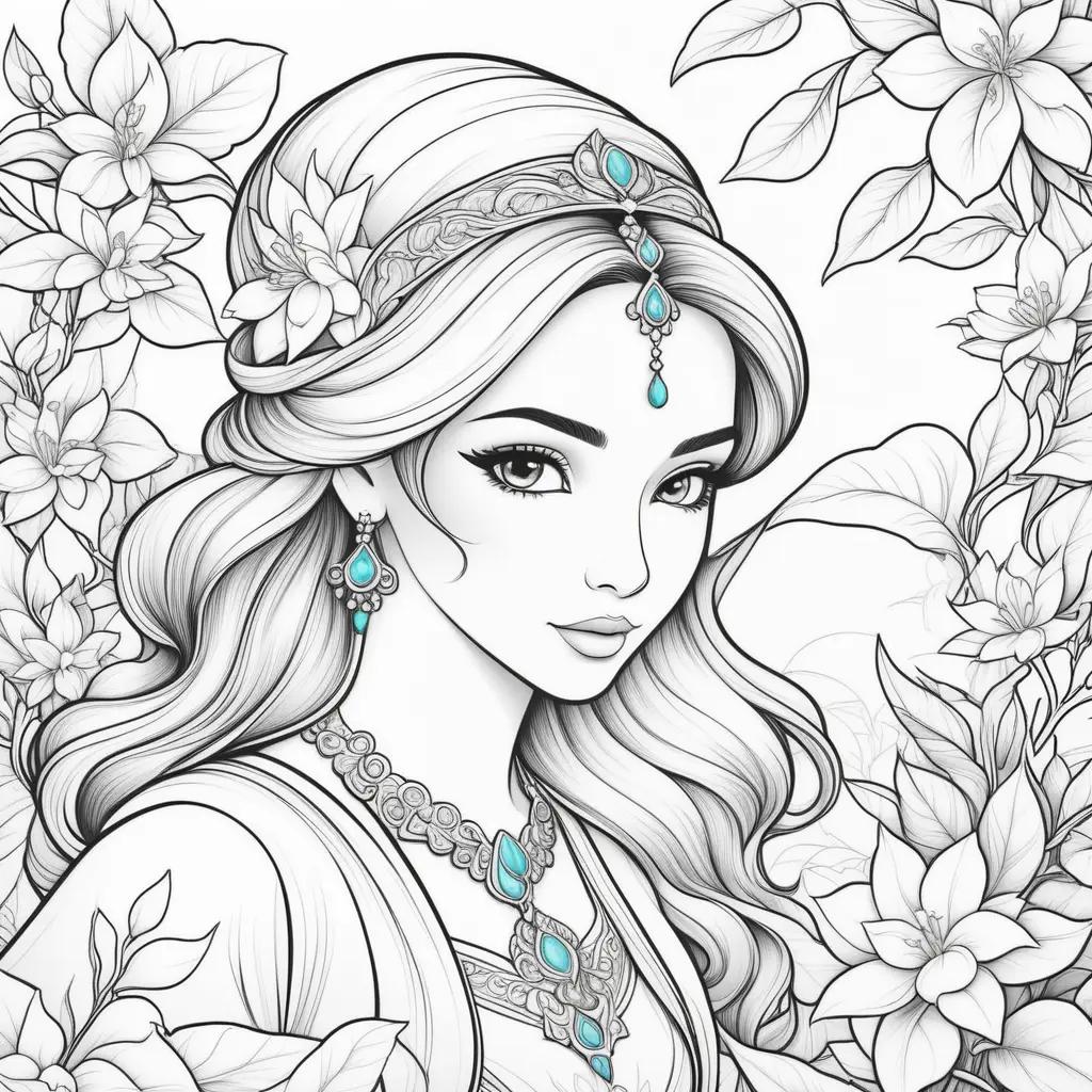 adult coloring page featuring a jasmine princess