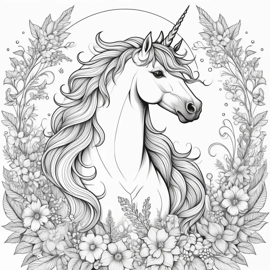 adult coloring page featuring a unicorns with flowers in a circle