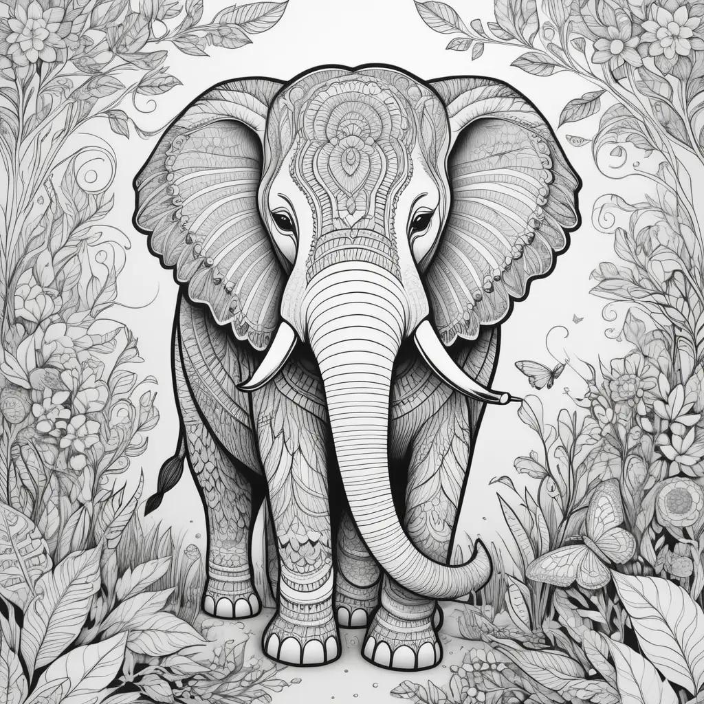 adult coloring page featuring an elephant and other animals