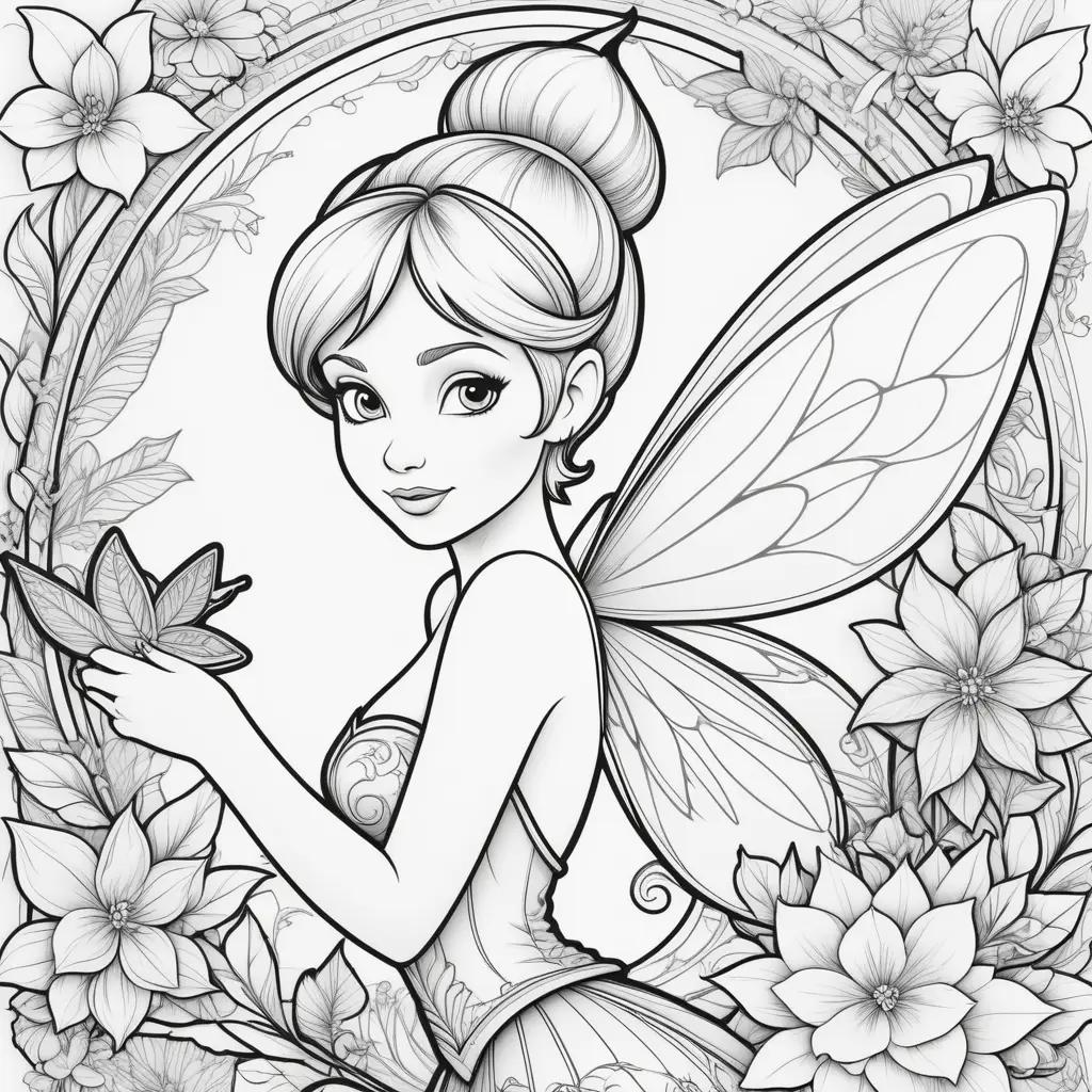 adult coloring page of Tinkerbell holding a butterfly