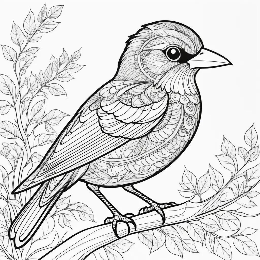 adult coloring page of a bird on a branch with leaves