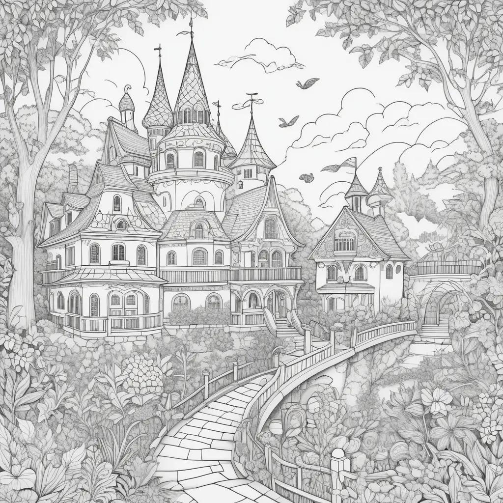 adult coloring page of a funny castle scene