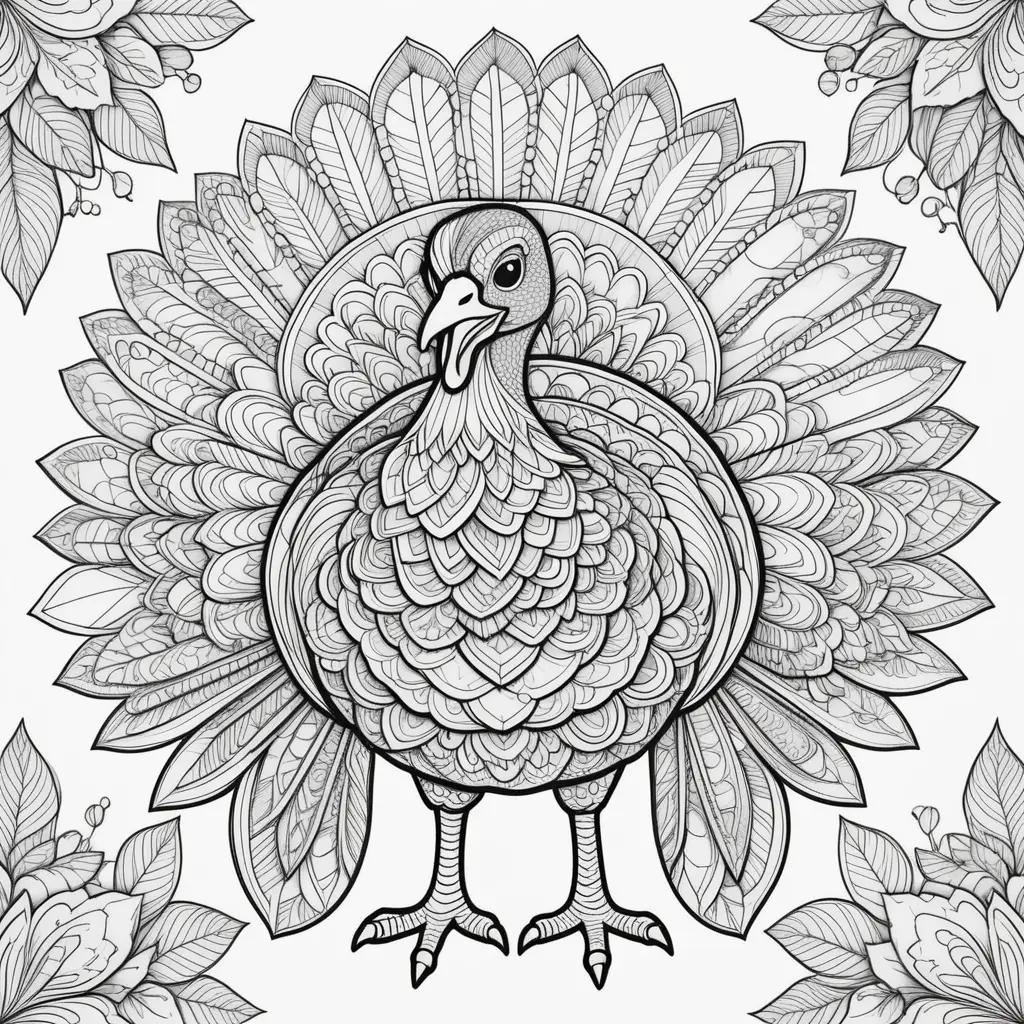 adult coloring page of a turkey surrounded by leaves