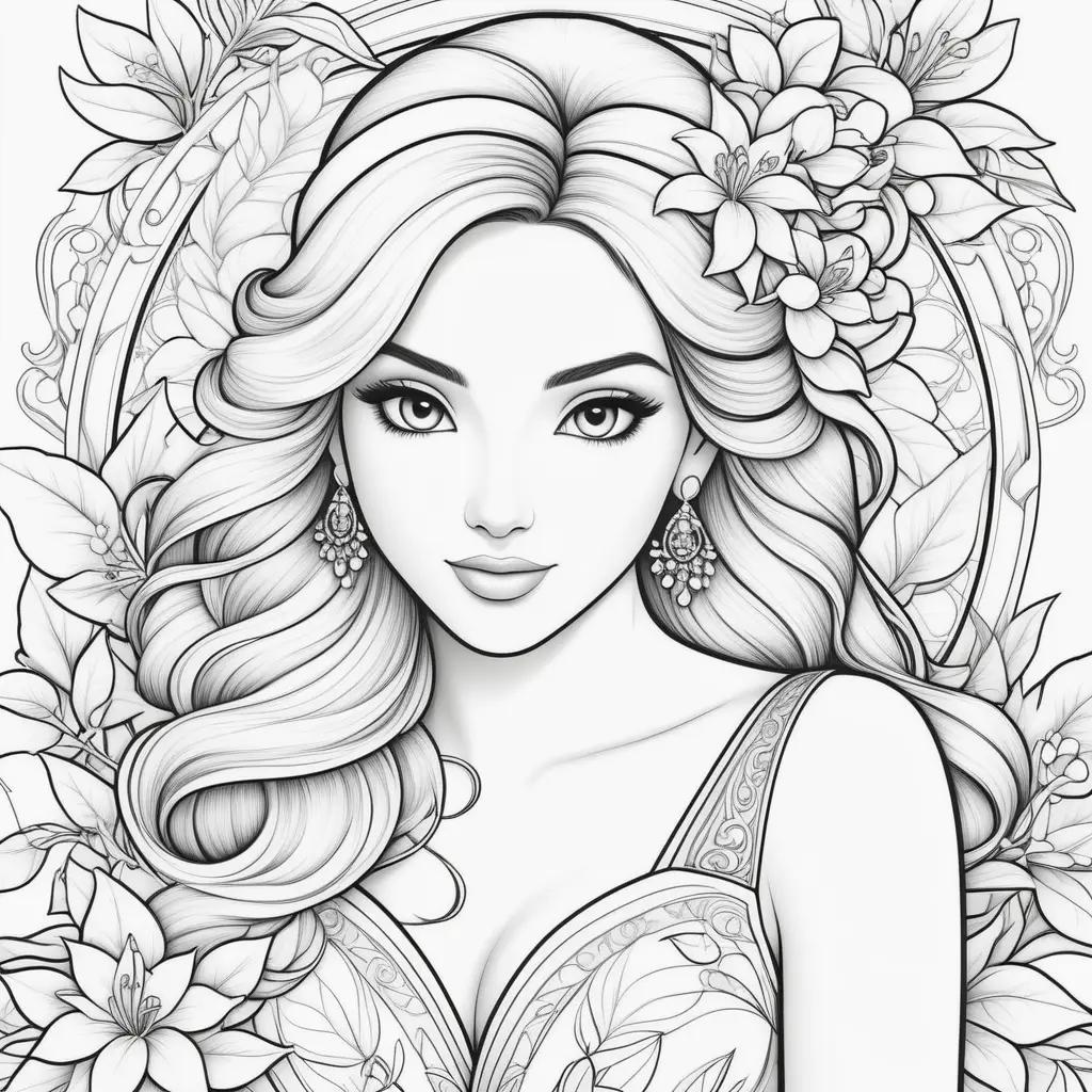 adult coloring page of a woman with a flower crown and earrings