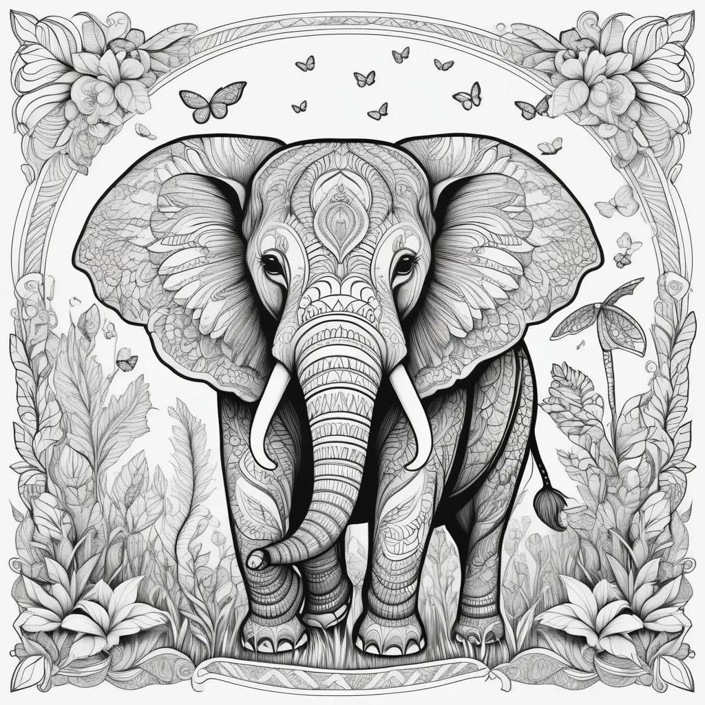 adult coloring page of an elephant surrounded by butterflies and flowers