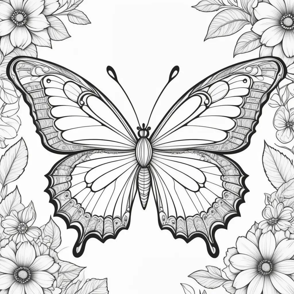 adult coloring page with a butterfly and flowers