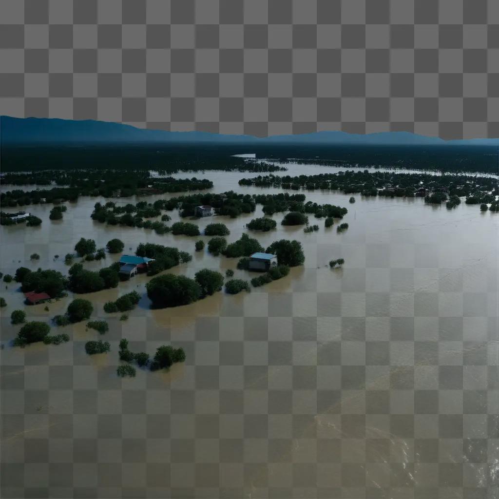 住宅が立ち並ぶ浸水地域の空撮