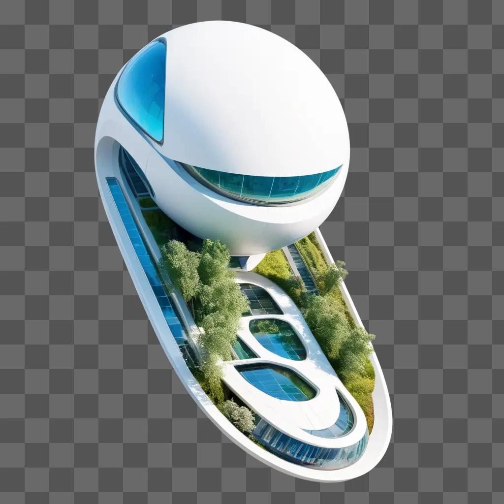 aerial view of a futuristic building with a curved roof and glass windows