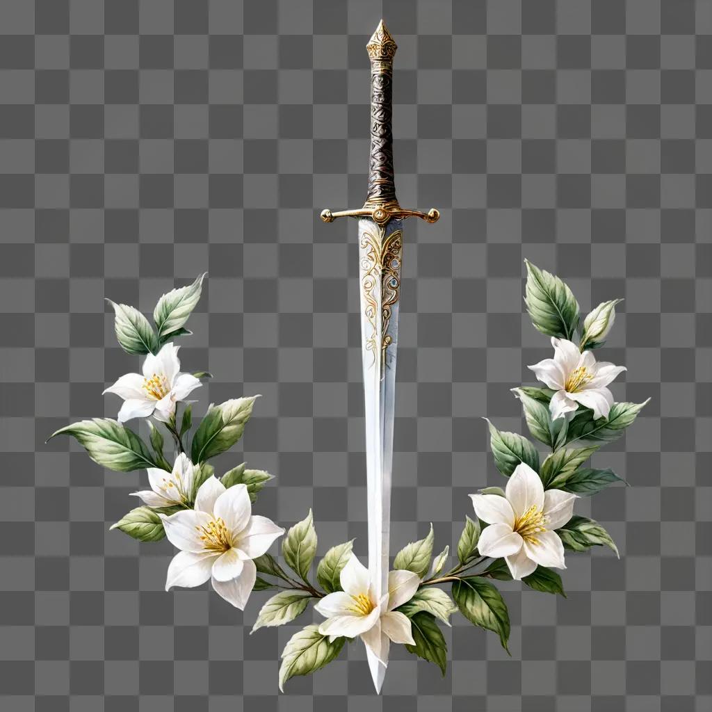 aesthetic flower drawing A sword with a gold hilt and white flowers