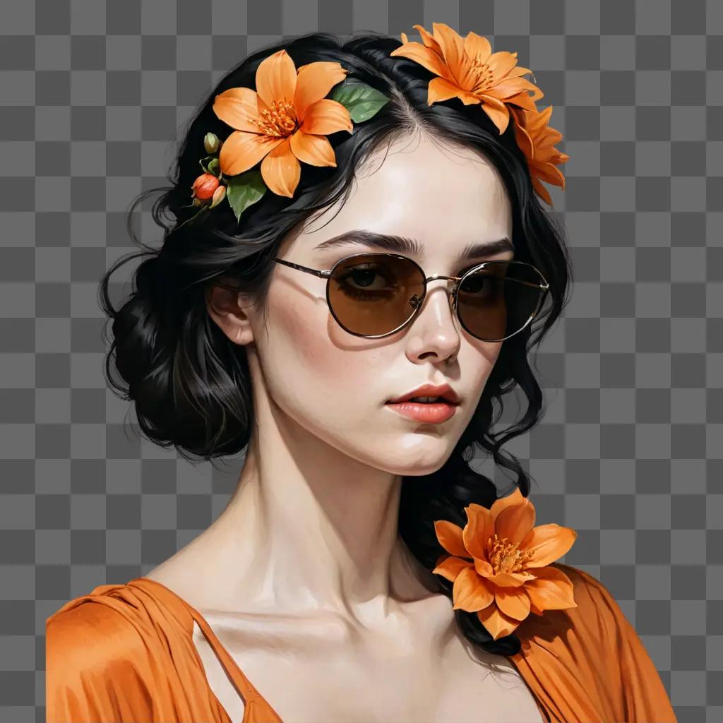 aesthetic flower drawing A young woman with sunglasses and flowers in her hair