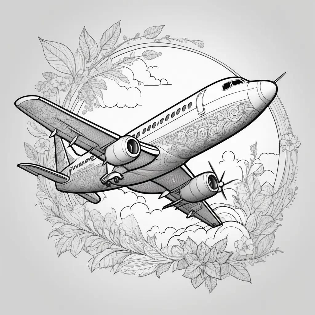 airplane coloring page with a circle of flowers around it